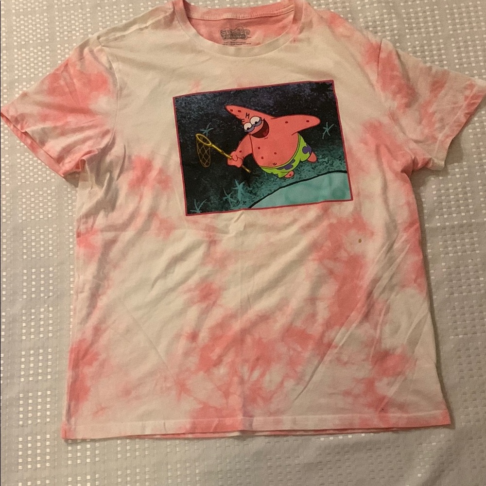 Men’s pink tye-dye t-shirt with Patrick Star on the front, size Large.
